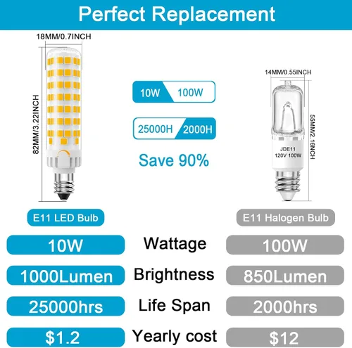 Vista 2 de Bombilla LED E11 regulable, equivalente a halógeno JDE11 de 120 V 100 W, base de mini candelabro T3 T4, blanco cálido de 3000 K, 10 W, 1000 lúmenes