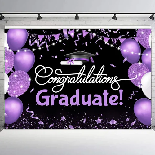 Vista 10 de Telón de fondo de graduación de 5 x 3 pies para sesión de fotos, globos negros y dorados, felicitaciones, graduados, clase de 2025, felicitaciones