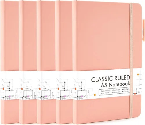 Vista 25 de feela Paquete de 5 cuadernos a granel, cuadernos de tapa dura clásicos rayados con soporte para bolígrafo para mujeres y niñas, suministros