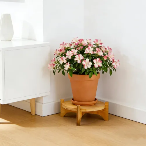 Vista 8 de Pumtus Paquete de 2 soportes pequeños para plantas, soporte de madera para macetas de interior, soporte desmontable de bambú para macetas