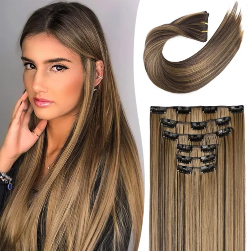 Vista 15 de LONAI 6 extensiones de cabello con clip, 24 pulgadas de largo, lacio, sintético, postizo para mujer, rubio ceniza natural