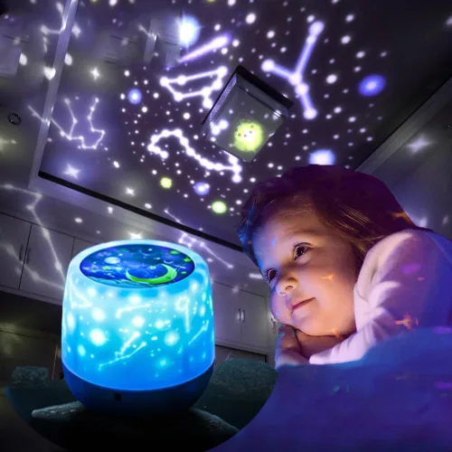 Vista 5 de Proyector de luz nocturna para niños, proyector de luz de estrellas con cable USB, rotación de 360 grados, lámpara de proyector de estrellas