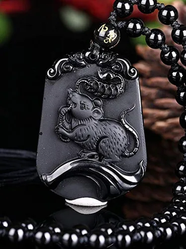 Vista 3 de Collar de animales de zodiaco chino con cuentas de obsidiana natural con cadena de cuentas ajustable, Obsidiana, Obsidiana