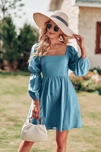 Vista 5 de PRETTYGARDEN Vestido babydoll de manga larga abombada para mujer, casual, cuello cuadrado, cintura elástica, volantes, línea A, mini vestidos
