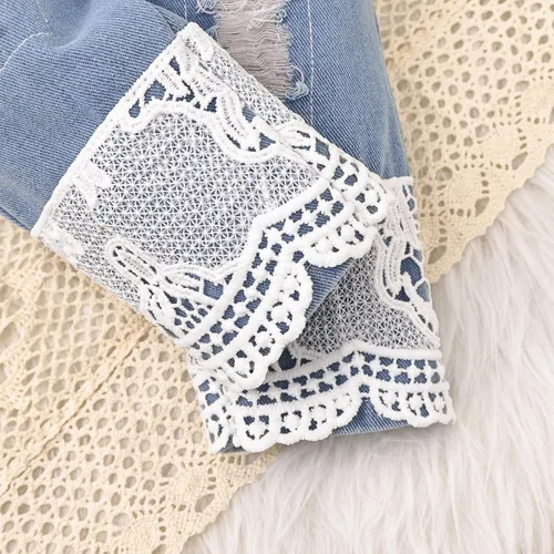 Vista 34 de Conjunto de ropa de bebé niña para bebé, mameluco de encaje blanco de manga larga + pantalones de mezclilla