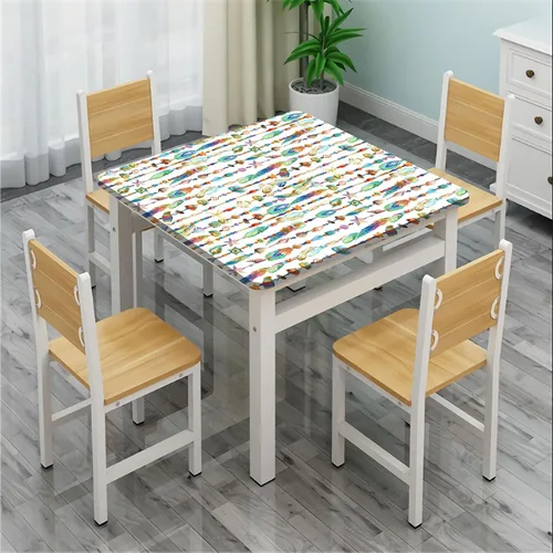 Vista 4 de Mantel bohemio con bordes elásticos, joyas con plumas y cuentas de conchas marinas, lavable a prueba de derrames, se adapta a mesas de 36 x 36