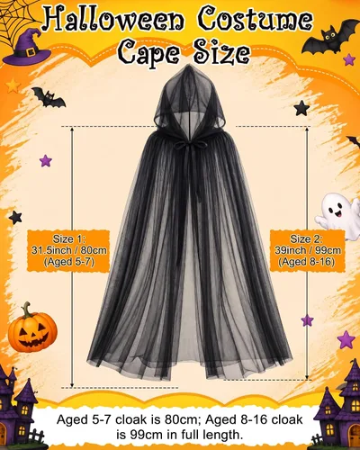 Vista 2 de JenPen Capa transparente para Halloween, color negro, para niños, con capucha de gran tamaño, cosplay