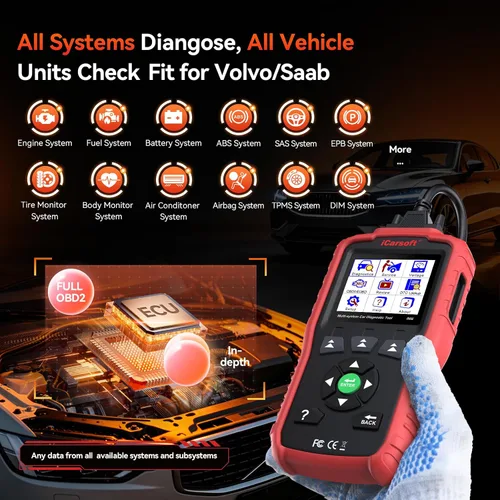 Vista 2 de iCarsoft i906 Compatible para Volvo/Saab OBD2 Escáner de diagnóstico multisistema para motor ABS SRS