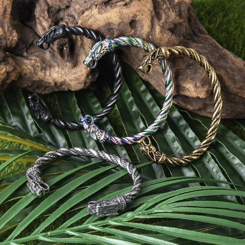 Vista 3 de TURTLEDOVE Brazalete con cabeza de lobo vikingo Fenrir - Torca ajustable de acero inoxidable nórdico escandinavo