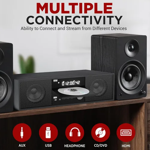 Vista 4 de Pyle Sistema de estante estéreo para CD/DVD para el hogar, reproductor de 200 W con micrófono inalámbrico, conectividad BT, radio Gris