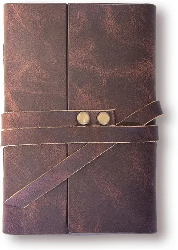 Vista 3 de Diario de cuero genuino de 4 x 6 pulgadas para hombres y mujeres con caja de regalo, 300 páginas de papel kraft forradas, diario encuadernado