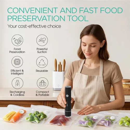 Vista 2 de VOYOR Sellador al vacío de mano para conservación y almacenamiento de alimentos, sellador al vacío portátil para alimentos con bolsas de vacío Negro