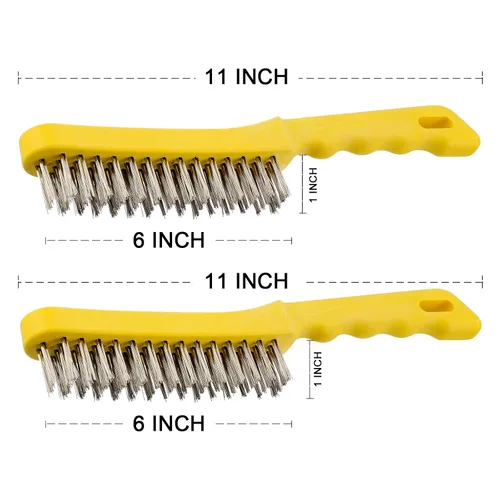 Vista 2 de Juego de 2 cepillos de alambre para rascar, acero inoxidable resistente de 11 pulgadas con mango de plástico, herramienta de mano para doblar