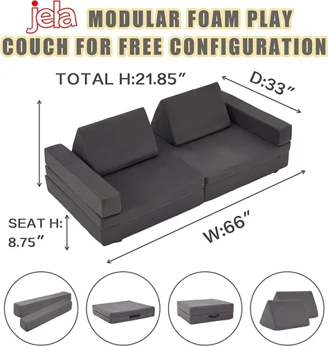 Vista 2 de jela Sofá de juego para niños, tamaño extendido, 8 piezas para la familia, sofá modular de espuma para niños y adultos, juego de casa