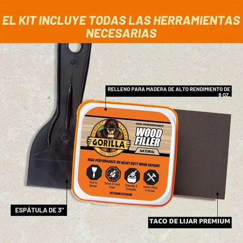 Vista 2 de Kit de reparación de madera de Gorilla, relleno multiusos con espátula y bloque de lijado.