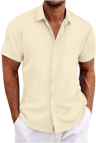 Vista 9 de Ctreela Camisa cubana de lino de manga corta para hombre, ligera, con botones, guayabera, camisas de trabajo casuales con cuello vuelto