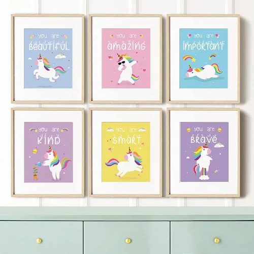 Vista 5 de IIILUYOT Juego de póster inspirador de unicornio, paquete de 4 (8 x 10 pulgadas), decoración de habitación de niñas, arte de pared para dormitorio