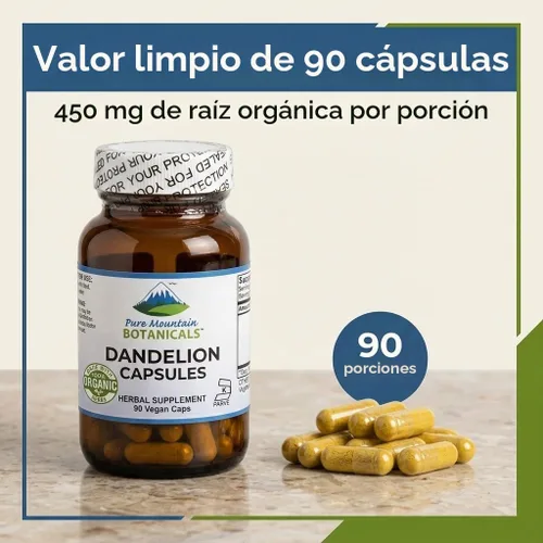 Vista 7 de Pure Mountain Botanicals Cápsulas de raíz de diente de león, suplemento orgánico de 450 mg, 90 pastillas de diente de león veganas kosher sin OMG
