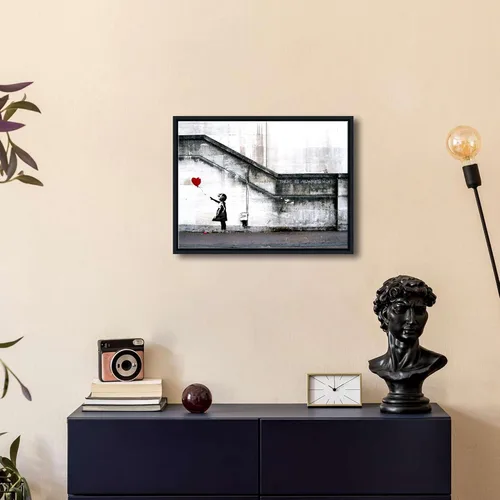 Vista 2 de Wieco Art Lienzo enmarcado para pared, impresiones en lienzo Giclée de Banksy Grafitti Girl con globo rojo, ilustraciones abstractas para decoración