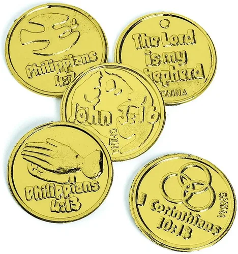 Vista 2 de Fun Express Monedas de oro con versículo bíblico religioso - 144 piezas