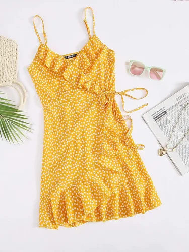 Vista 5 de Romwe Vestido de verano floral bohemio para mujer, con tirantes delgados, cuello en V, con volantes, nudo de lazo