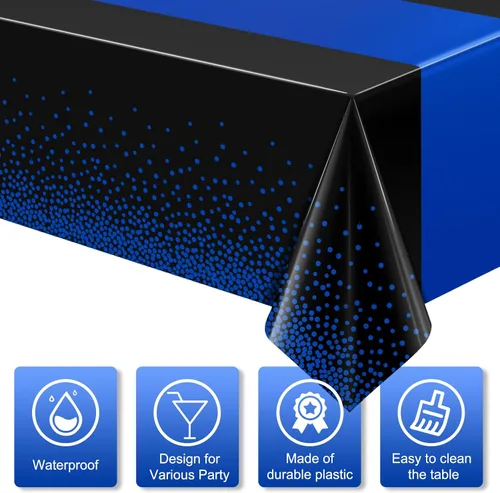 Vista 3 de MASHAN 1 mantel negro y azul para decoración de fiesta, mantel de plástico negro impreso azul, funda rectangular desechable para cumpleaños, boda