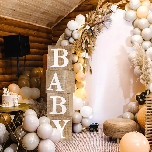 Vista 7 de RUBFAC Cajas de bebé con letras para baby shower, 4 piezas estilo rústico de granja bohemia con asa de arpillera y grano para decoración
