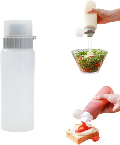 Vista 8 de Botella exprimible de salsa de 5 agujeros, botella de condimentos medibles de 5.9 fl oz con tapa a prueba de fugas, botella de plástico transparente