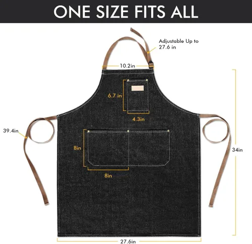 Vista 6 de ROTANET Delantal de trabajo de mezclilla con 3 bolsillos, delantales para chef, estilista, cocina, carpintería, para hombres y mujeres, azul y negro