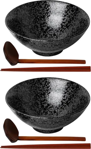 Vista 9 de Kanwone Juego de cuencos de cerámica japoneses para ramen, cuencos de sopa de fideos, 37 onzas, con cucharas y palillos a juego para fideos Negro
