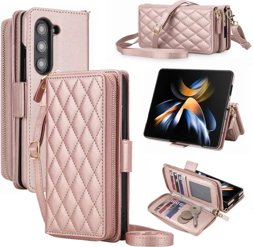 Vista 24 de Compatible con Samsung Galaxy Z Fold 3 5G 2021 - Funda tipo cartera con cremallera y bloqueo RFID, correa para tarjetero, ranuras para tarjetas Rojo