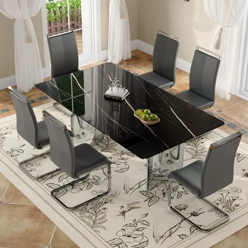 Vista 14 de Juego de mesa de comedor moderno para mesa de comedor de cristal de 6, 7 piezas, mesa de mármol sintético de 71 pulgadas con base de acero