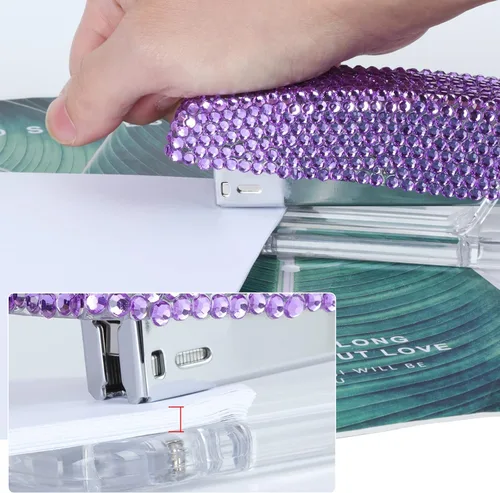 Vista 4 de Grapadora deslumbrante de cristal de diamante pegado hecha a mano para oficina, escuela o hogar (morado)