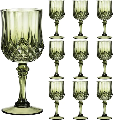Vista 27 de Copas de vino de plástico de 7 onzas, 10 vasos de vino reutilizables ámbar, copas de champán vintage, copas de agua de cristal de plástico