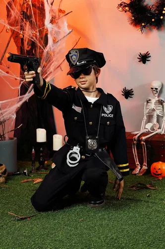 Vista 6 de Disfraz de oficial de policía para niños, disfraz de policía para niños, camisa de policía, pantalones, sombrero, cinturón, fiesta de cosplay