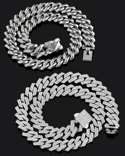 Vista 5 de WKTYCCT 2 cadenas de eslabones cubanos para hombres y mujeres, collares cubanos de Miami, oro y plata de 0.55 pulgadas (0.551 in), juego de collar