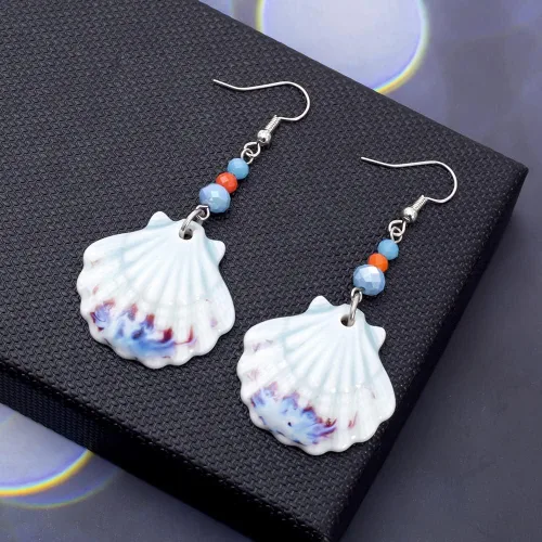 Vista 8 de Aretes colgantes de porcelana con concha de mar para mujer, delicados aretes largos de onda oceánica azul y blanco, aretes colgantes largos, hechos