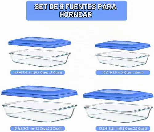 Vista 2 de KOMUEE Juego de 8 platos de vidrio para hornear con tapas rectangulares de vidrio con tapas sin BPA, moldes para hornear para lasaña, sobras