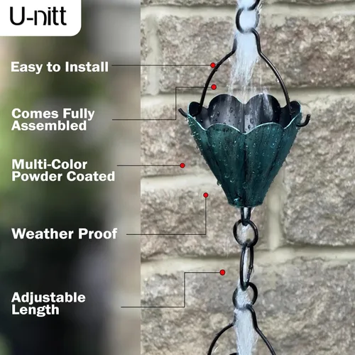 Vista 2 de U-nitt Cadena de lluvia colección de agua para canalones, atrapador de agua de lluvia y desviador, cadenas de 8.5 pies para jardín exterior, copas
