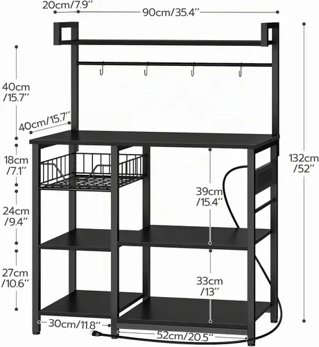 Vista 5 de HOOBRO Estante de Panadero de Cocina con Toma de Corriente, Barra de Café, Soporte para Horno de Microondas con Canasta de Malla, Estación de Café