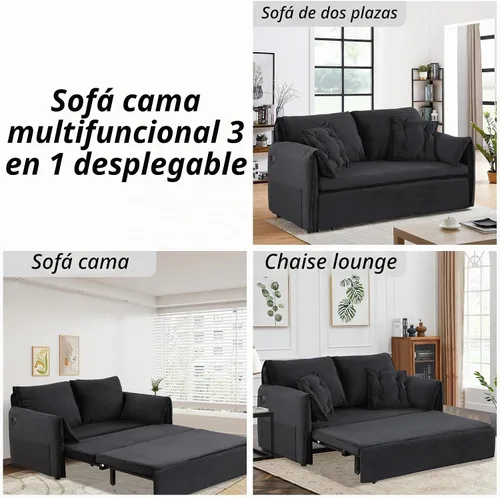Vista 5 de Sofá cama Queen de 63.8 pulgadas, sofá cama convertible 3 en 1 con soporte para teléfono, puerto USB, cama extraíble de terciopelo