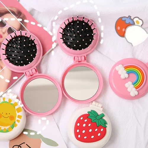 Vista 3 de Cepillo de pelo de viaje, peine de bolsillo con mini espejo, cepillos de pelo plegables compactos, redondos, mini peine de masaje compacto