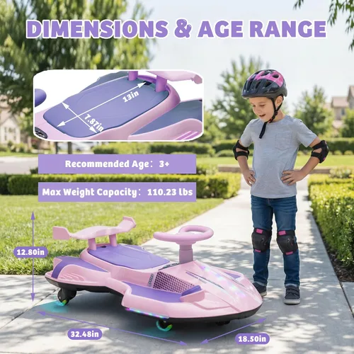 Vista 6 de Coche eléctrico Wiggle de 12V, 360° Drift & Mist Spray Ride en Morado