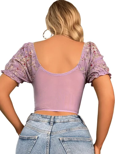 Vista 2 de SweatyRocks Top corto de gasa con estampado floral y manga corta abombada y cuello corazón para mujer