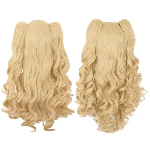 Vista 4 de Peluca MapofBeauty Lolita para disfraz, cabello largo, rizado, con coleta, Anaranjado Amarillo