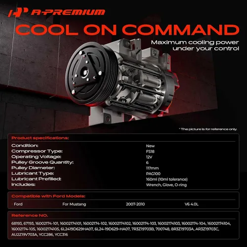 Vista 2 de A-Premium Compresor de CA con embrague compatible con Ford Mustang 4.0L 2007-2010, con compresor FS18, 6 ranuras