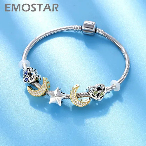Vista 4 de EMOSTAR Rose Gold Valentines Day Charms fits European Bracelet Boy and Girl in Love I Love You Gesture Stars Crescent Moon Crown Celtic Knot Charm