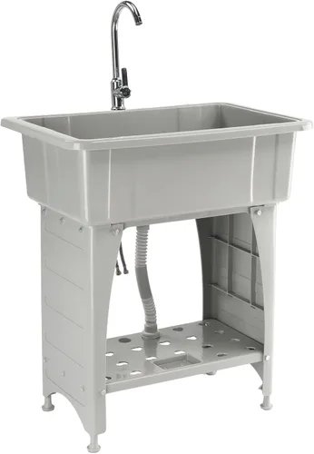 Vista 9 de ROVSUN Fregadero utilitario de plástico negro de 20 galones con grifo de agua caliente y fría, capacidad de carga de 150 libras, altura y versión