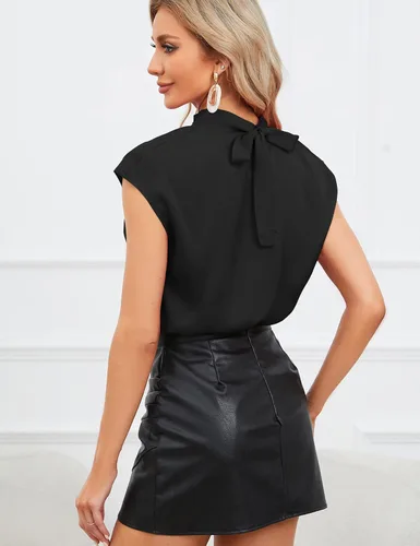 Vista 3 de CYCLAMEN Body de satén de verano 2023, blusa elegante de seda, cuello alto falso, lazo en la espalda, manga corta, elegante, casual para oficina