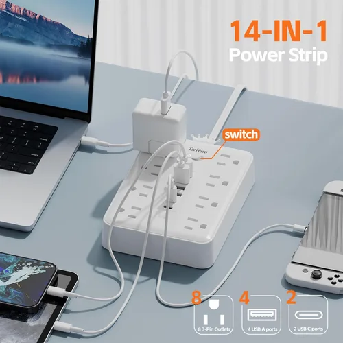 Vista 3 de Regleta de protección contra sobretensiones, 8AC+6USB 17W, enchufe plano